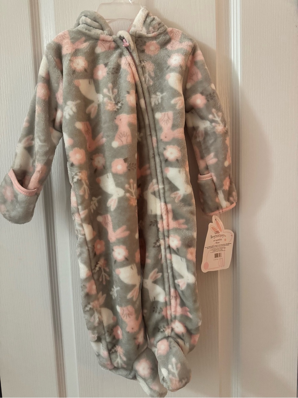Cozy Bunny Print Hooded One-Piece - Pink & Gray